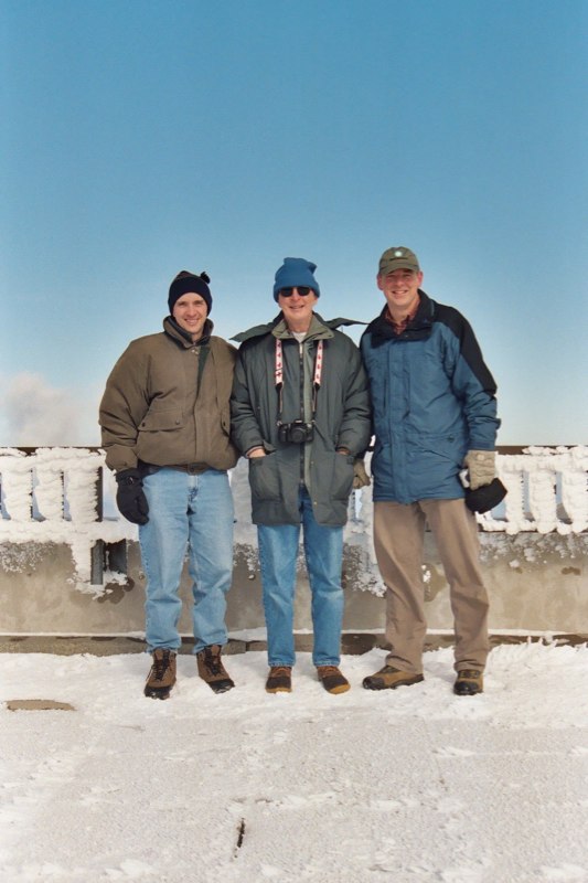 Erik Heels, Tom Heels, Mark Heels on top of Mount Washington, NH, for Tom's 70th birthday.