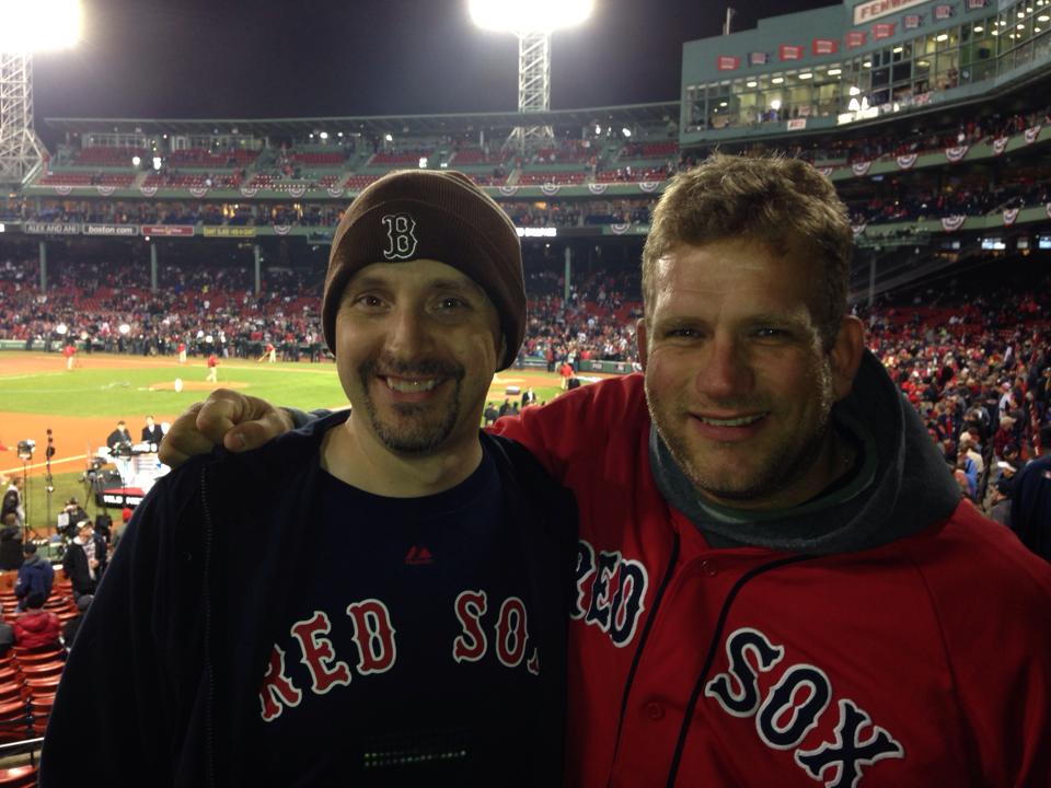 2013-10-30, Fenway Park, Boston. Erik J. Heels and Jody Wright (complete with playoff "beards") at Game 6, the final and winning game for the Red Sox of the 2013 World Series. (Photo by a stranger from Red Sox Nation.)