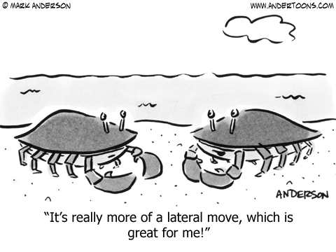 Two crabs talking on beach: "It's really more of a lateral move, which is great for me!"
