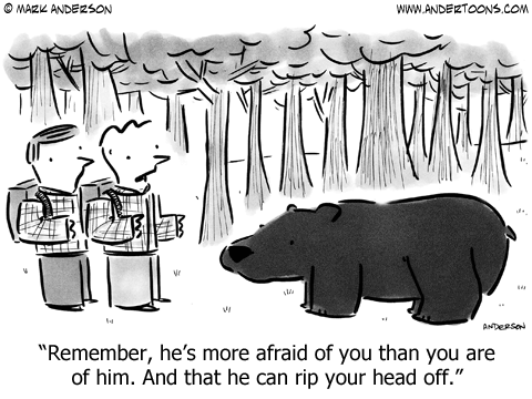 Hikers confront a bear. Remember, he's more afraid of you than you are of him. And that he can rip your head off.