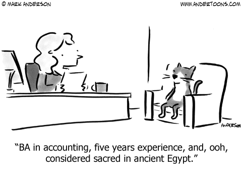 Cat resume: BA in accounting, five years experience, and, ooh, considered sacred in ancient Egypt.