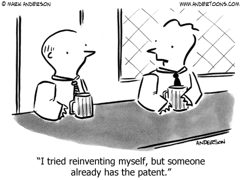 Two people talking at a bar: I tried reinventing myself, but someone already has the patent.